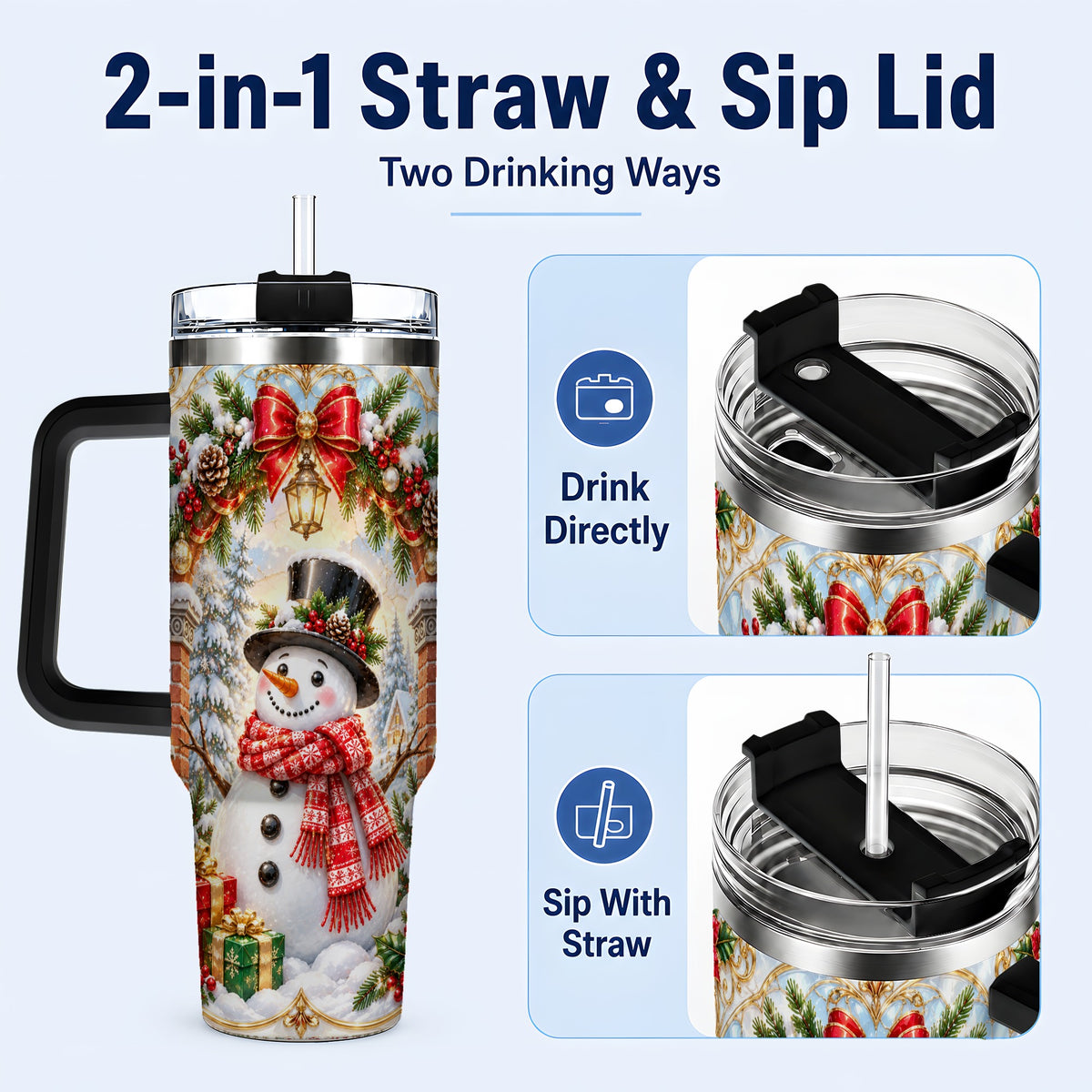 #pl[40oz|Black] Ornate Snowman 40oz Tumbler with Handle, Christmas Winter Travel Cup