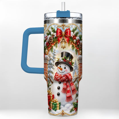 #pl[40oz|Blue] Ornate Snowman 40oz Tumbler with Handle, Christmas Winter Travel Cup
