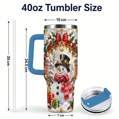 #pl[40oz|Blue] Ornate Snowman 40oz Tumbler with Handle, Christmas Winter Travel Cup