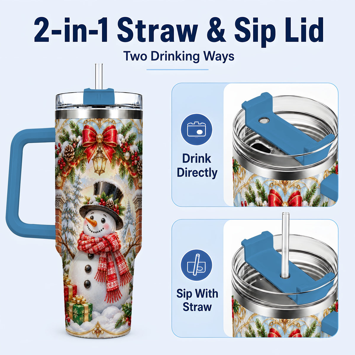 #pl[40oz|Blue] Ornate Snowman 40oz Tumbler with Handle, Christmas Winter Travel Cup