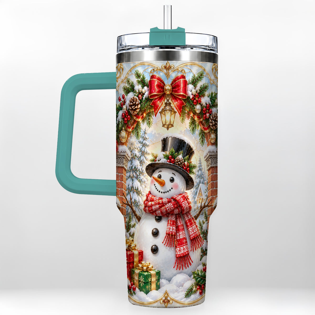 #pl[40oz|Green] Ornate Snowman 40oz Tumbler with Handle, Christmas Winter Travel Cup