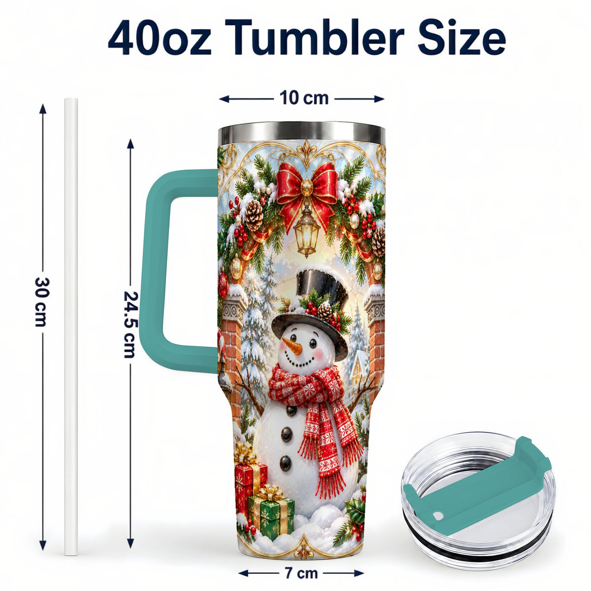 #pl[40oz|Green] Ornate Snowman 40oz Tumbler with Handle, Christmas Winter Travel Cup