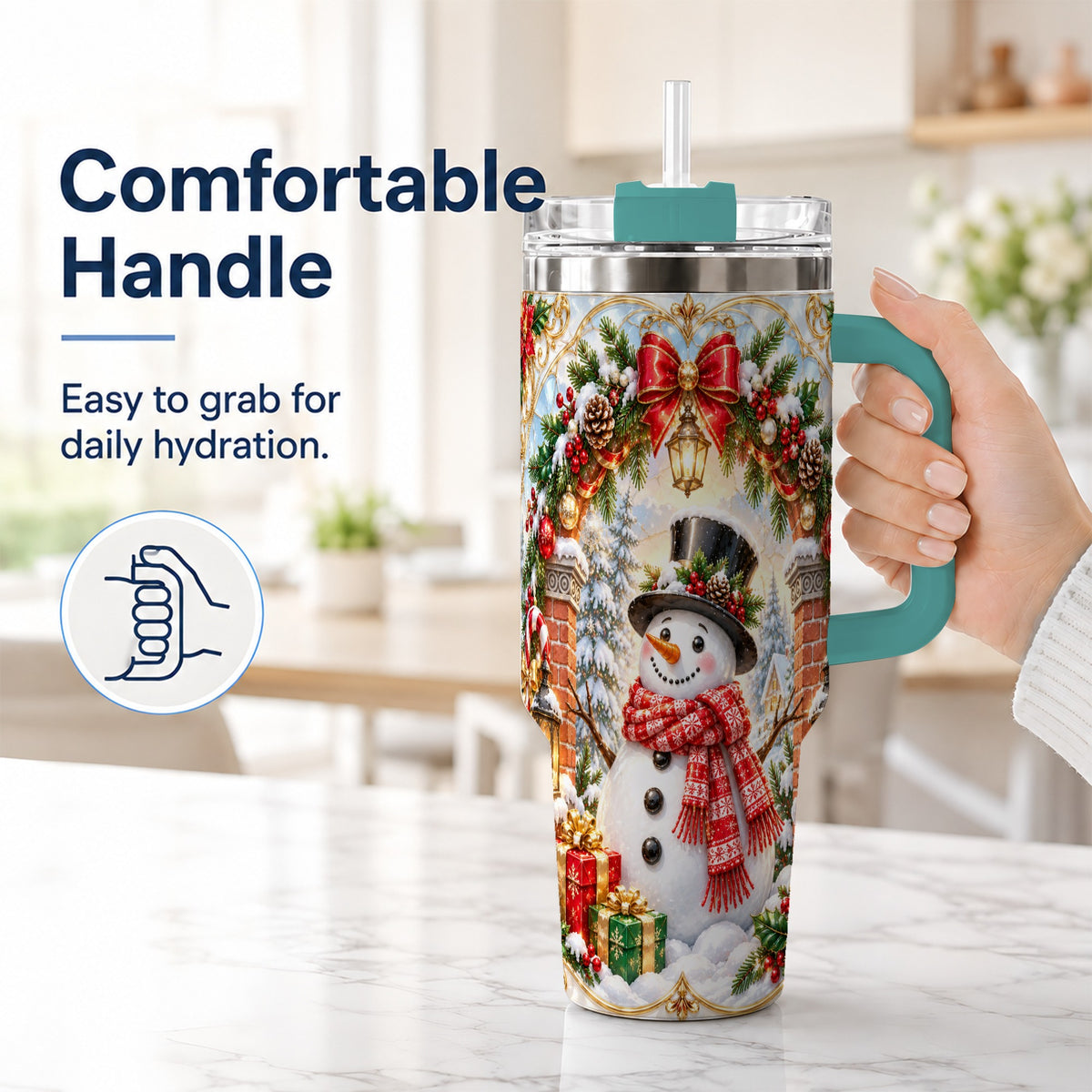 #pl[40oz|Green] Ornate Snowman 40oz Tumbler with Handle, Christmas Winter Travel Cup