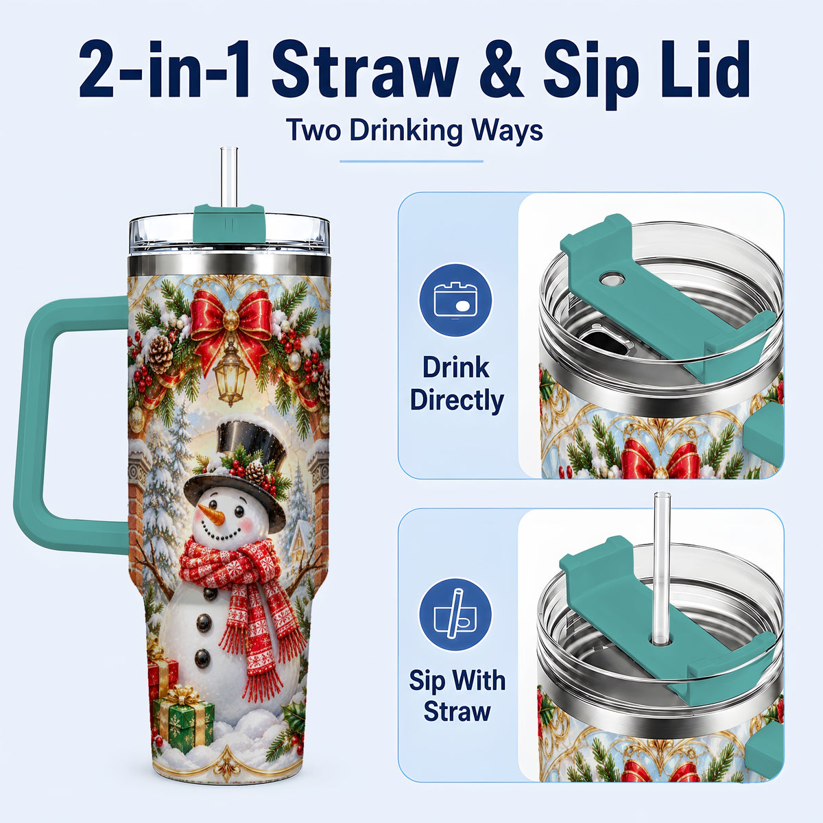 #pl[40oz|Green] Ornate Snowman 40oz Tumbler with Handle, Christmas Winter Travel Cup