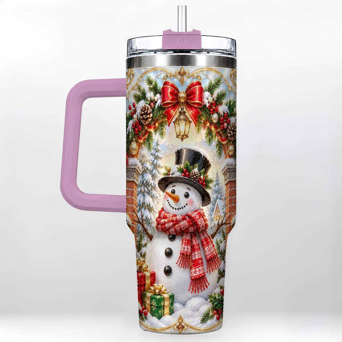 #pl[40oz|Pink] Ornate Snowman 40oz Tumbler with Handle, Christmas Winter Travel Cup