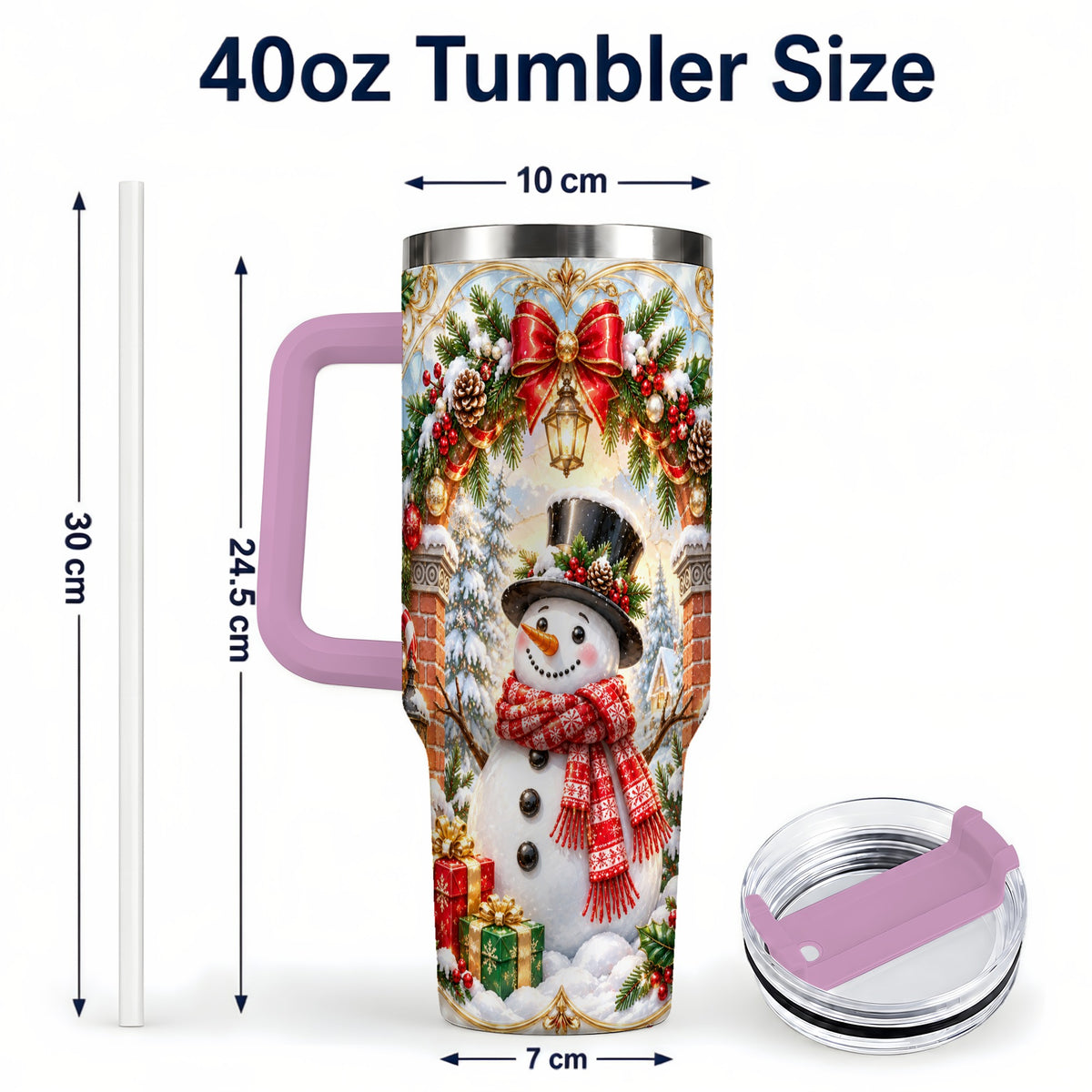 #pl[40oz|Pink] Ornate Snowman 40oz Tumbler with Handle, Christmas Winter Travel Cup