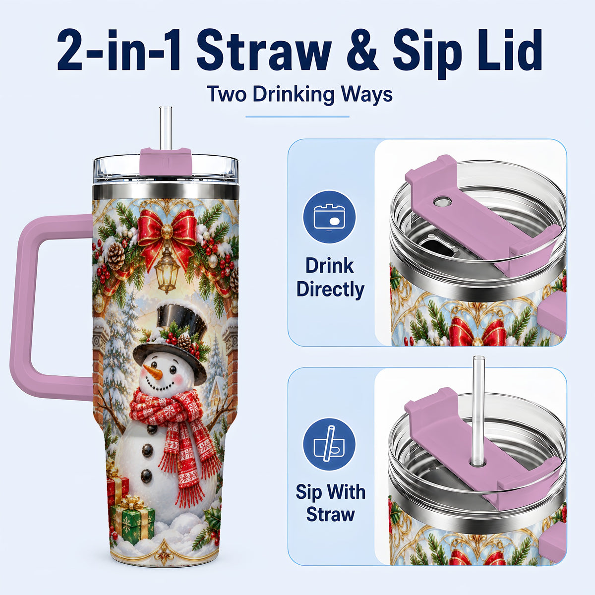 #pl[40oz|Pink] Ornate Snowman 40oz Tumbler with Handle, Christmas Winter Travel Cup
