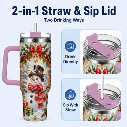 #pl[40oz|Pink] Ornate Snowman 40oz Tumbler with Handle, Christmas Winter Travel Cup