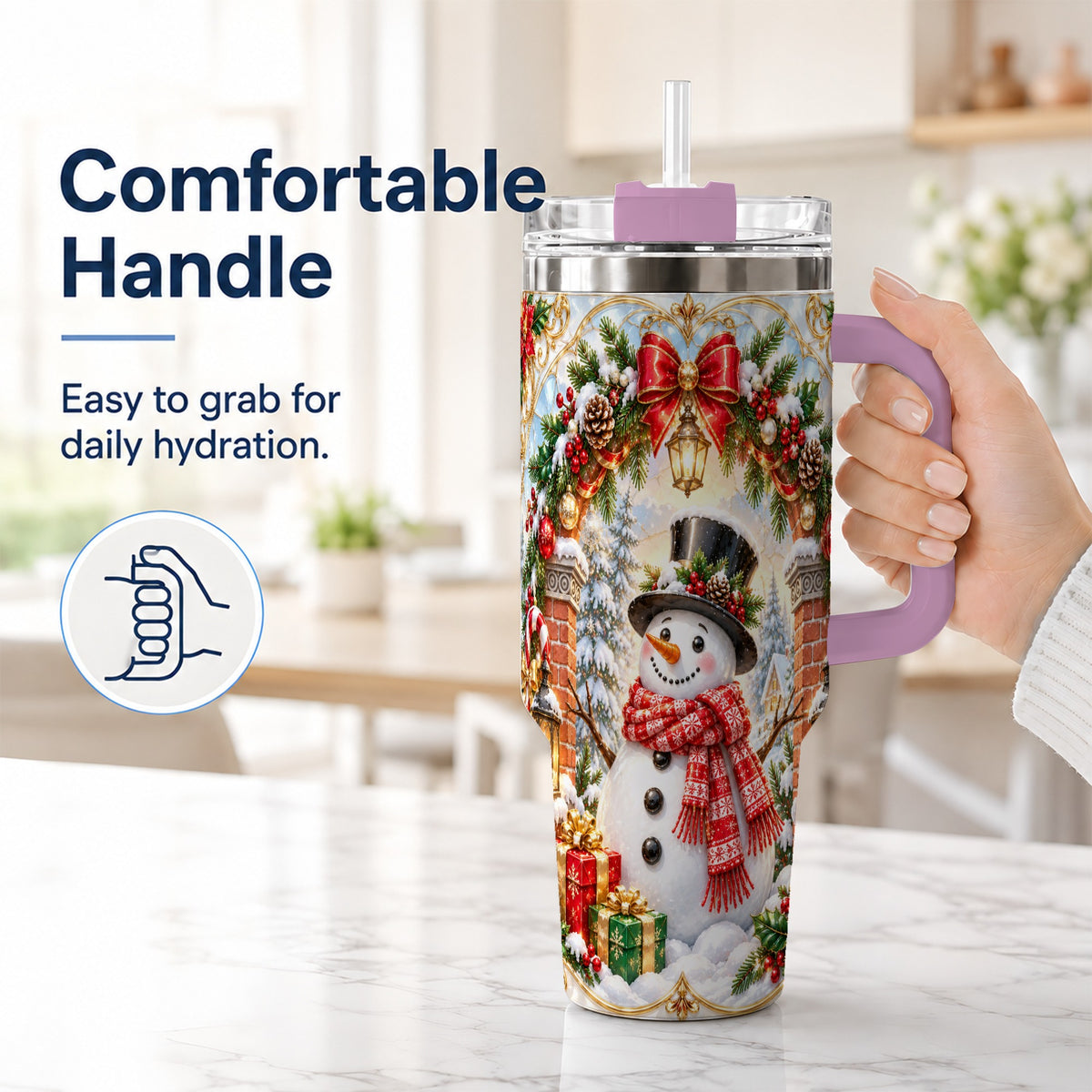 #pl[40oz|Pink] Ornate Snowman 40oz Tumbler with Handle, Christmas Winter Travel Cup