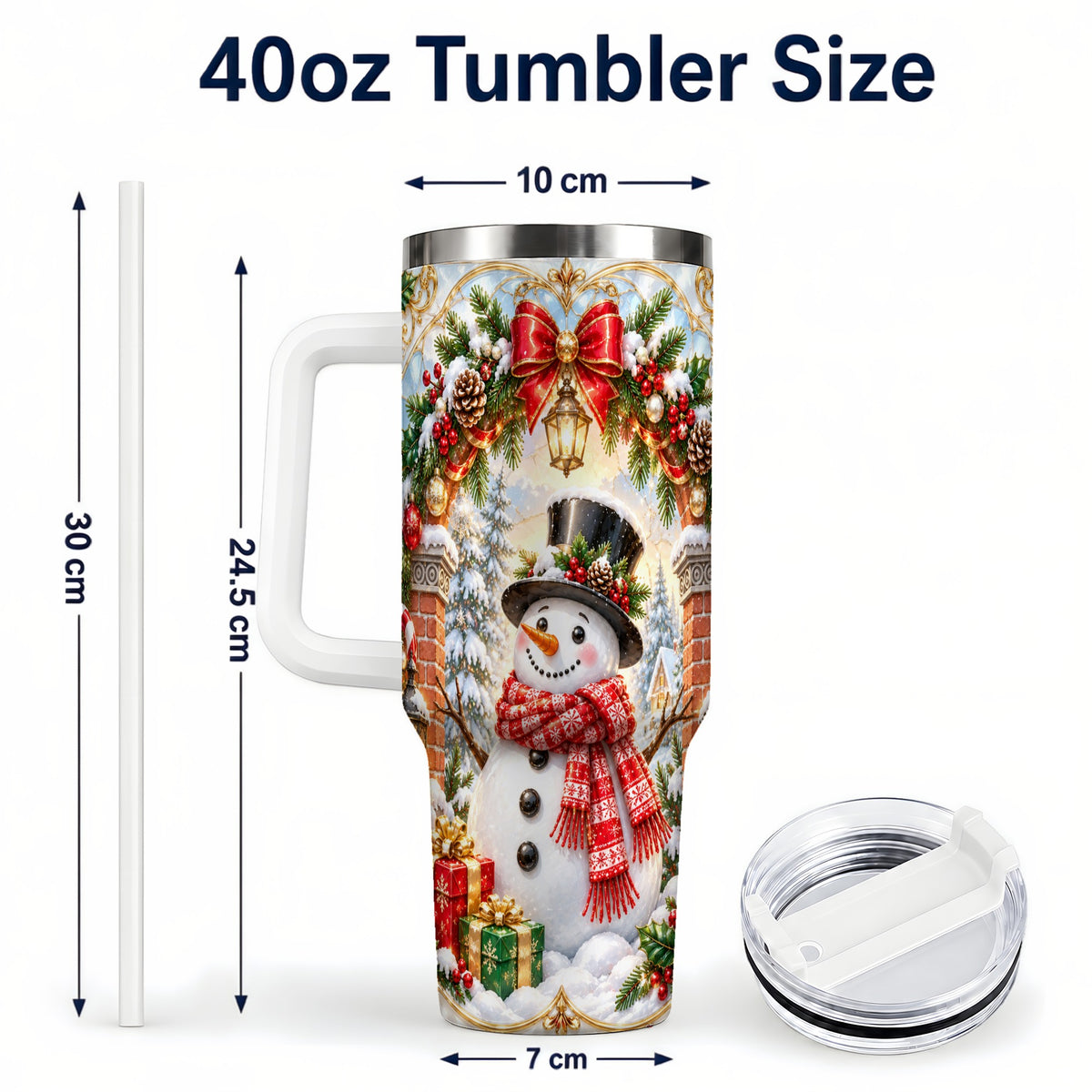 #pl[40oz|White] Ornate Snowman 40oz Tumbler with Handle, Christmas Winter Travel Cup