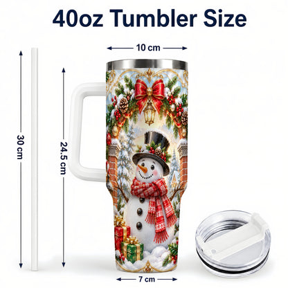 #pl[40oz|White] Ornate Snowman 40oz Tumbler with Handle, Christmas Winter Travel Cup