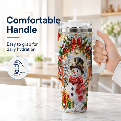 #pl[40oz|White] Ornate Snowman 40oz Tumbler with Handle, Christmas Winter Travel Cup