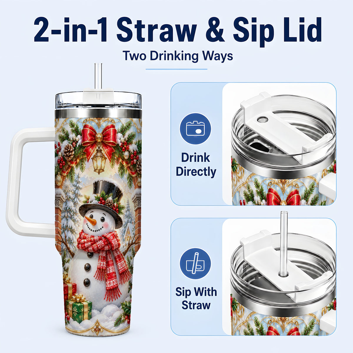 #pl[40oz|White] Ornate Snowman 40oz Tumbler with Handle, Christmas Winter Travel Cup