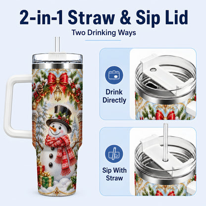#pl[40oz|White] Ornate Snowman 40oz Tumbler with Handle, Christmas Winter Travel Cup