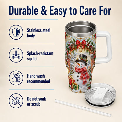 Ornate Snowman 40oz Tumbler with Handle, Christmas Winter Travel Cup