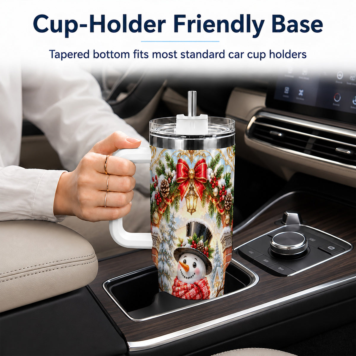 Ornate Snowman 40oz Tumbler with Handle, Christmas Winter Travel Cup