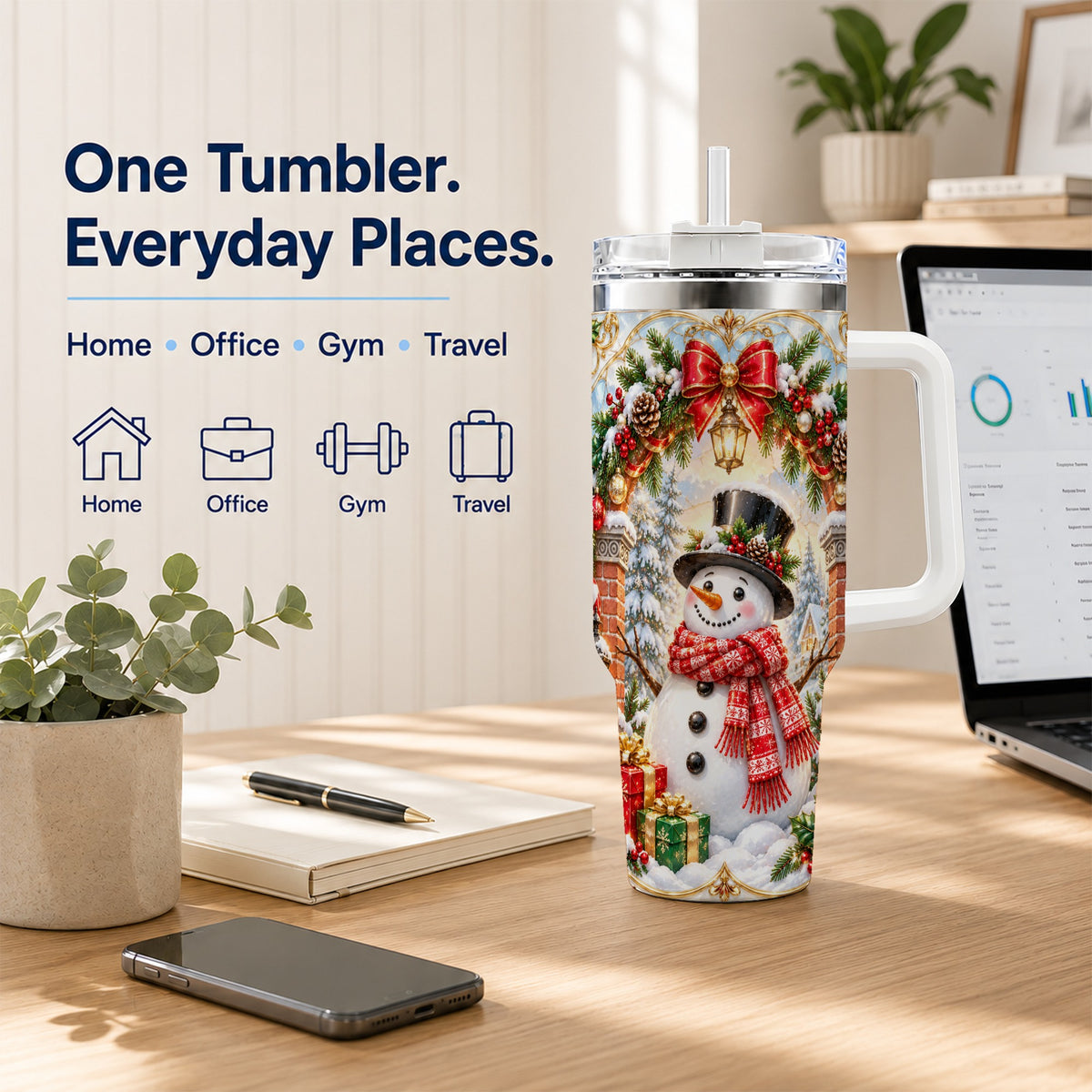 Ornate Snowman 40oz Tumbler with Handle, Christmas Winter Travel Cup