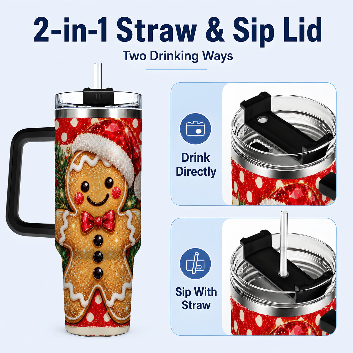 #pl[40oz|Black] Gingerbread 40oz Tumbler with Handle, Christmas Cookie Travel Cup
