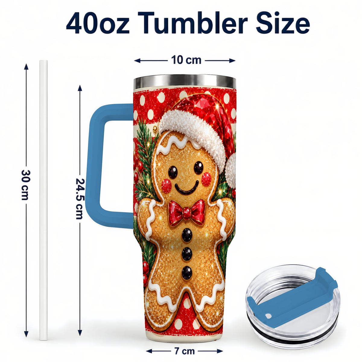 #pl[40oz|Blue] Gingerbread 40oz Tumbler with Handle, Christmas Cookie Travel Cup