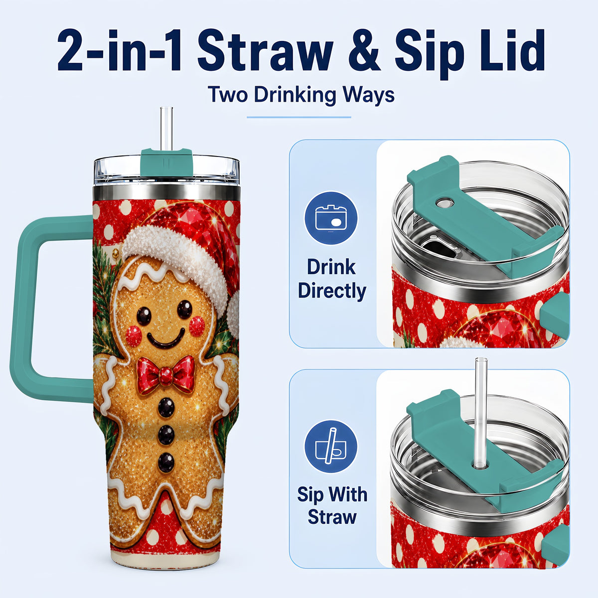 #pl[40oz|Green] Gingerbread 40oz Tumbler with Handle, Christmas Cookie Travel Cup