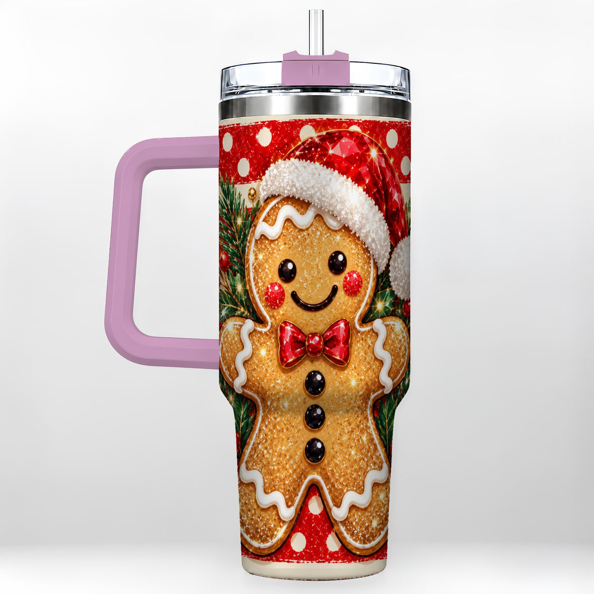 #pl[40oz|Pink] Gingerbread 40oz Tumbler with Handle, Christmas Cookie Travel Cup
