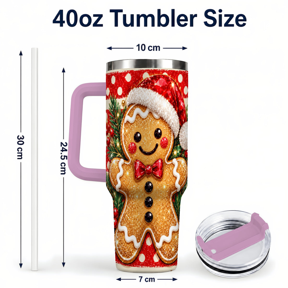 #pl[40oz|Pink] Gingerbread 40oz Tumbler with Handle, Christmas Cookie Travel Cup