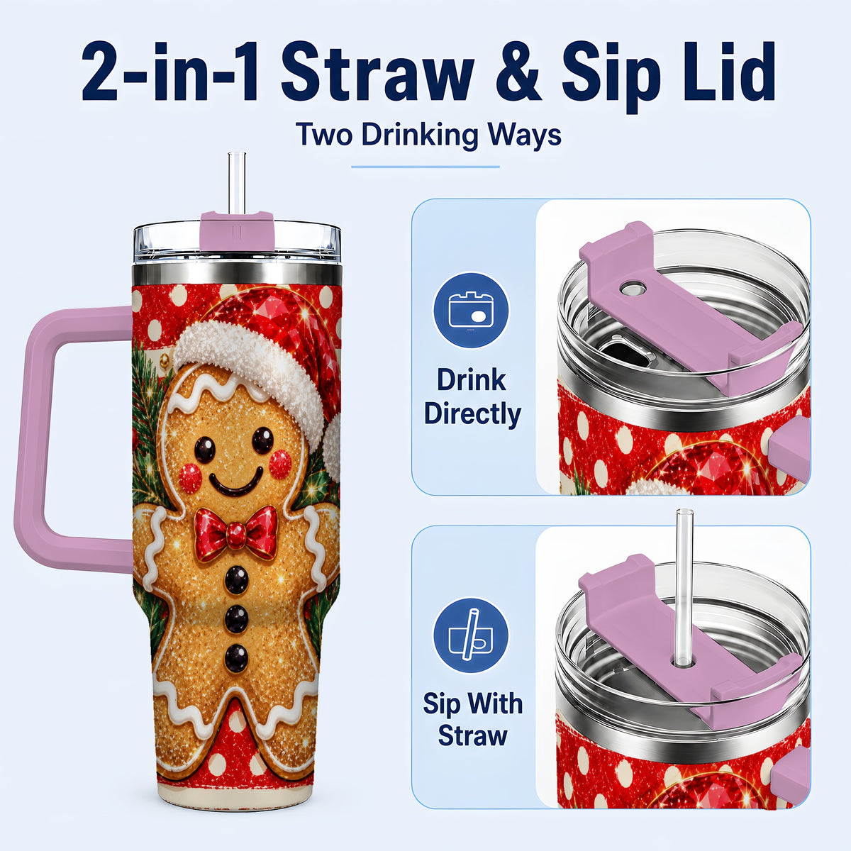 #pl[40oz|Pink] Gingerbread 40oz Tumbler with Handle, Christmas Cookie Travel Cup