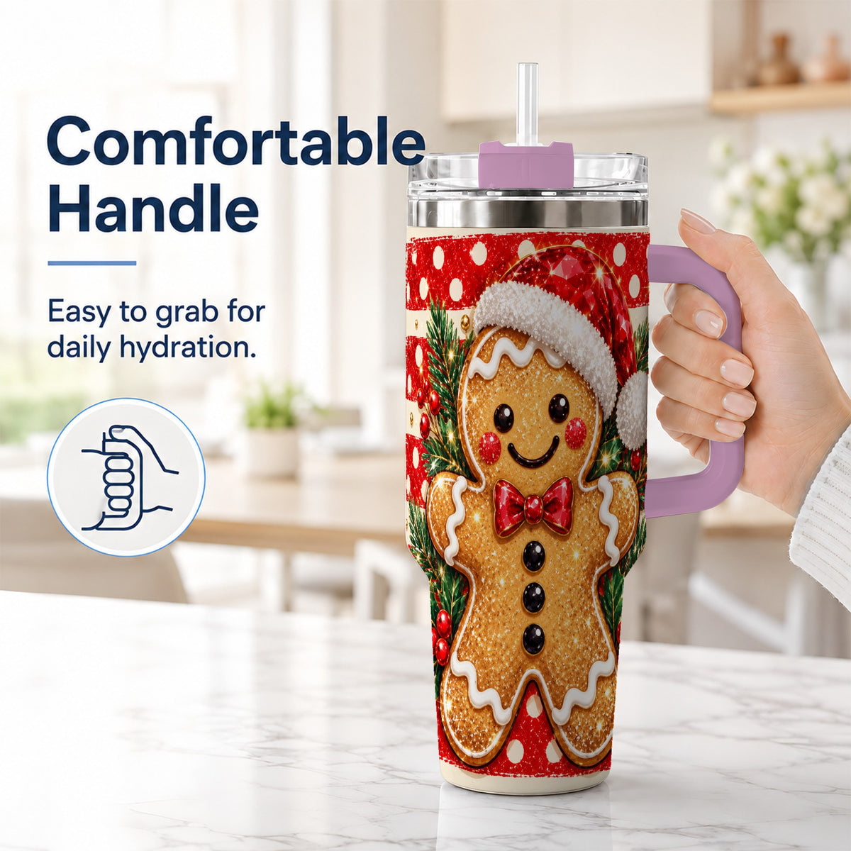#pl[40oz|Pink] Gingerbread 40oz Tumbler with Handle, Christmas Cookie Travel Cup