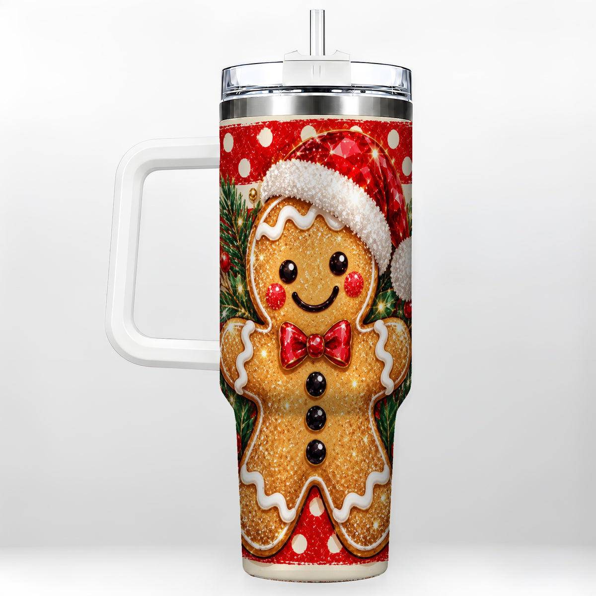 Gingerbread 40oz Tumbler with Handle, Christmas Cookie Travel Cup