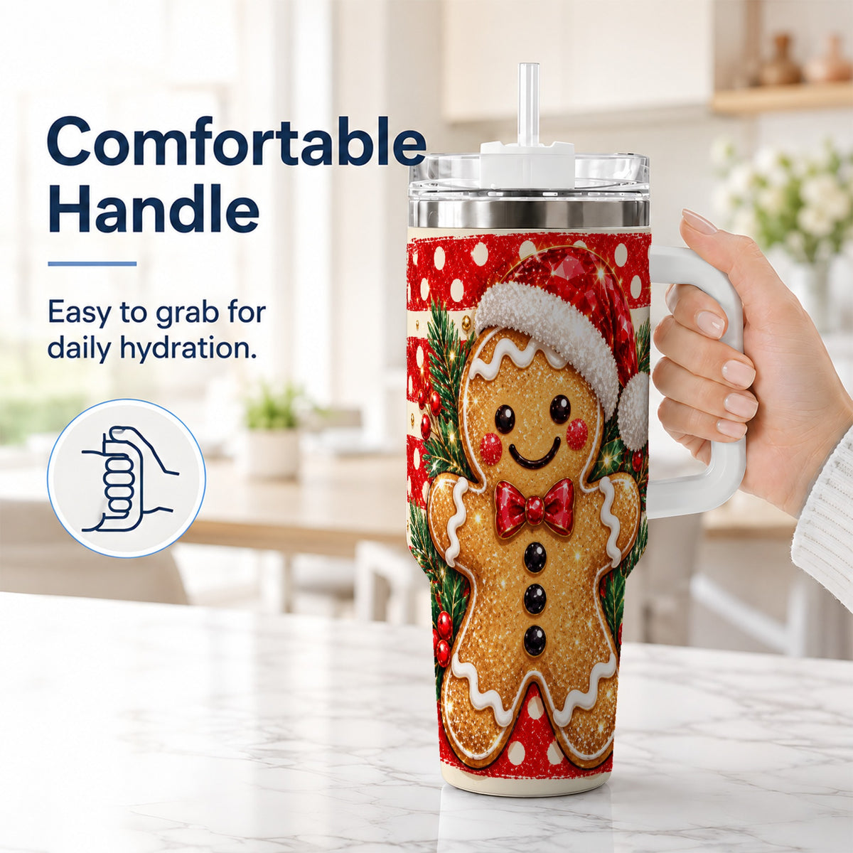 #pl[40oz|White] Gingerbread 40oz Tumbler with Handle, Christmas Cookie Travel Cup