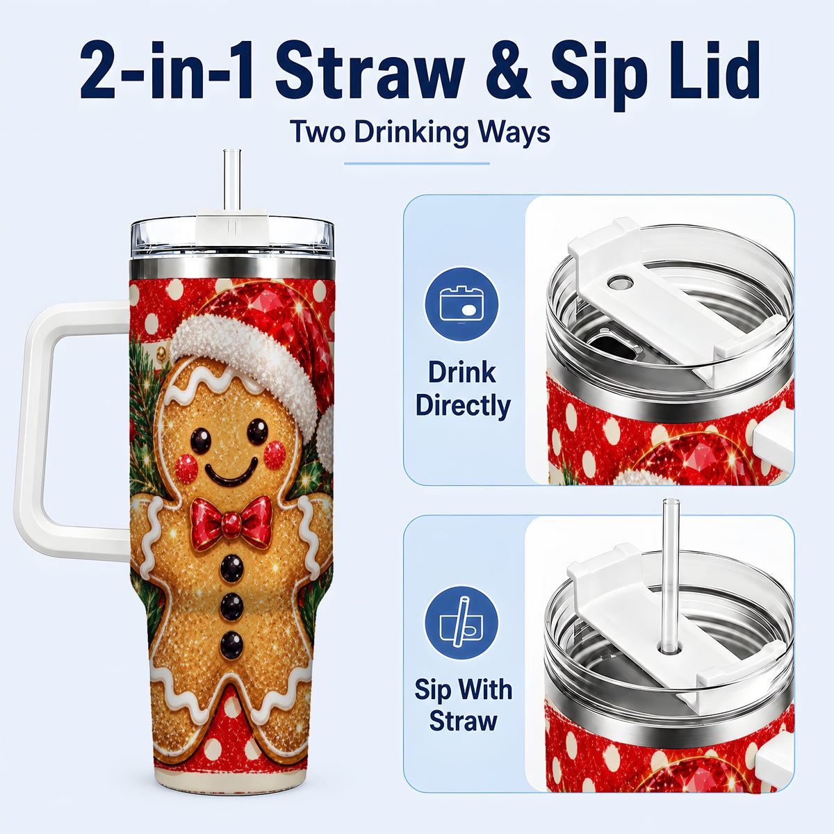 #pl[40oz|White] Gingerbread 40oz Tumbler with Handle, Christmas Cookie Travel Cup