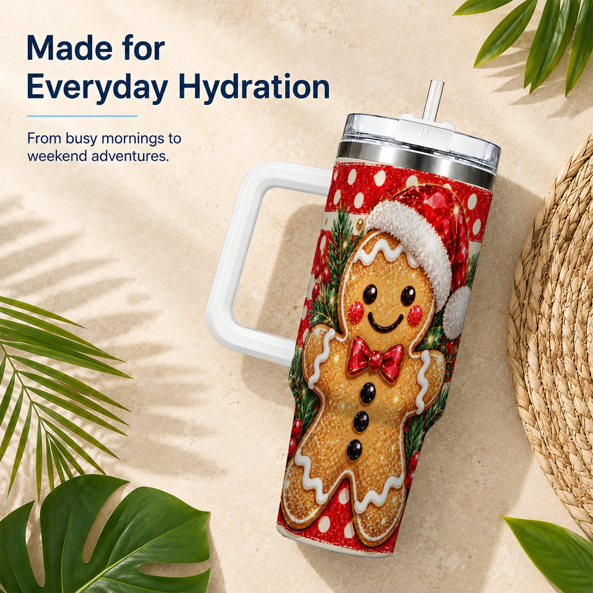 Gingerbread 40oz Tumbler with Handle, Christmas Cookie Travel Cup