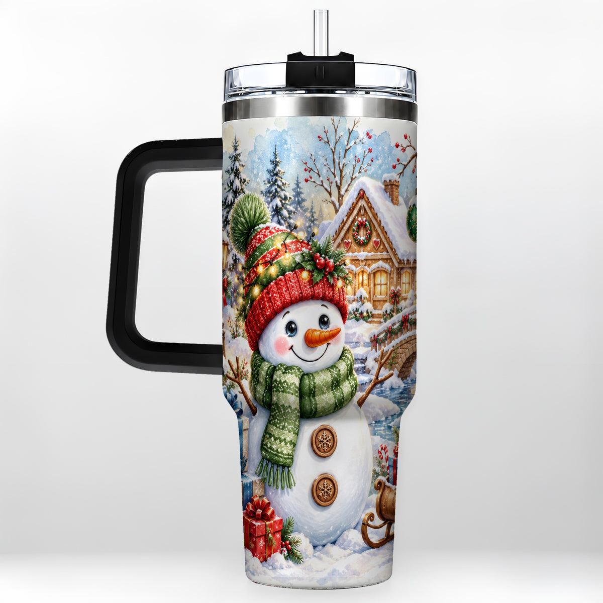 #pl[40oz|Black] Watercolor Snowman 40oz Tumbler with Handle, Winter Travel Cup
