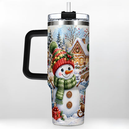 #pl[40oz|Black] Watercolor Snowman 40oz Tumbler with Handle, Winter Travel Cup