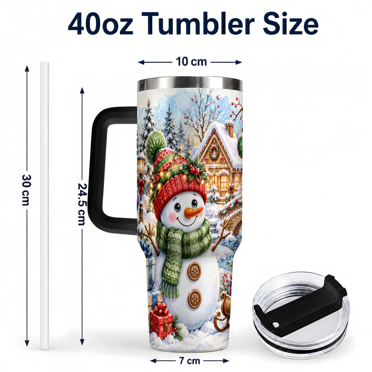#pl[40oz|Black] Watercolor Snowman 40oz Tumbler with Handle, Winter Travel Cup