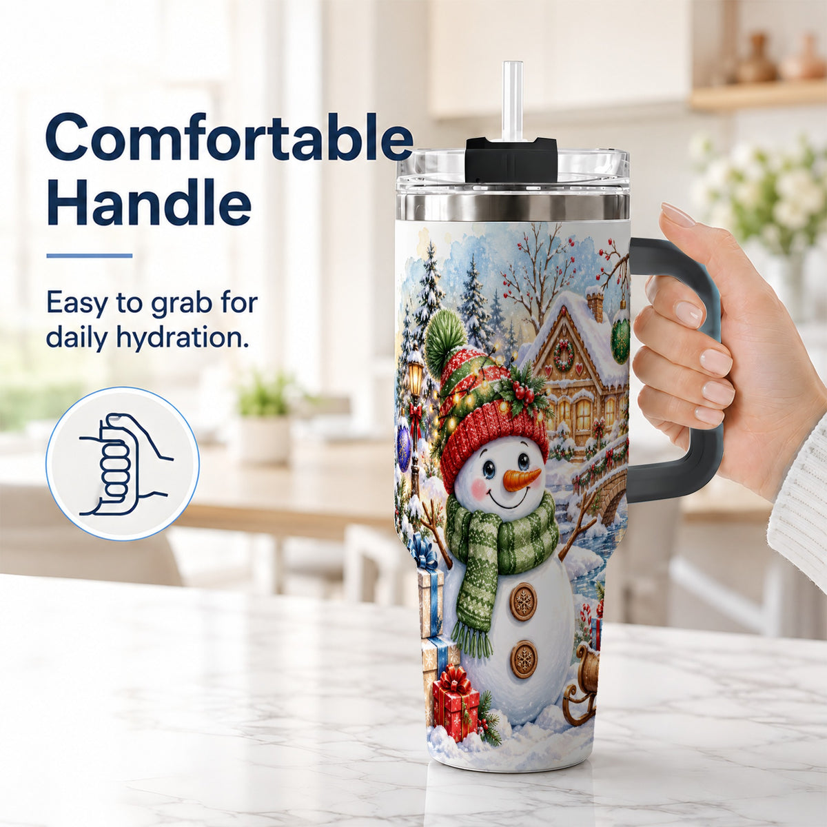 #pl[40oz|Black] Watercolor Snowman 40oz Tumbler with Handle, Winter Travel Cup