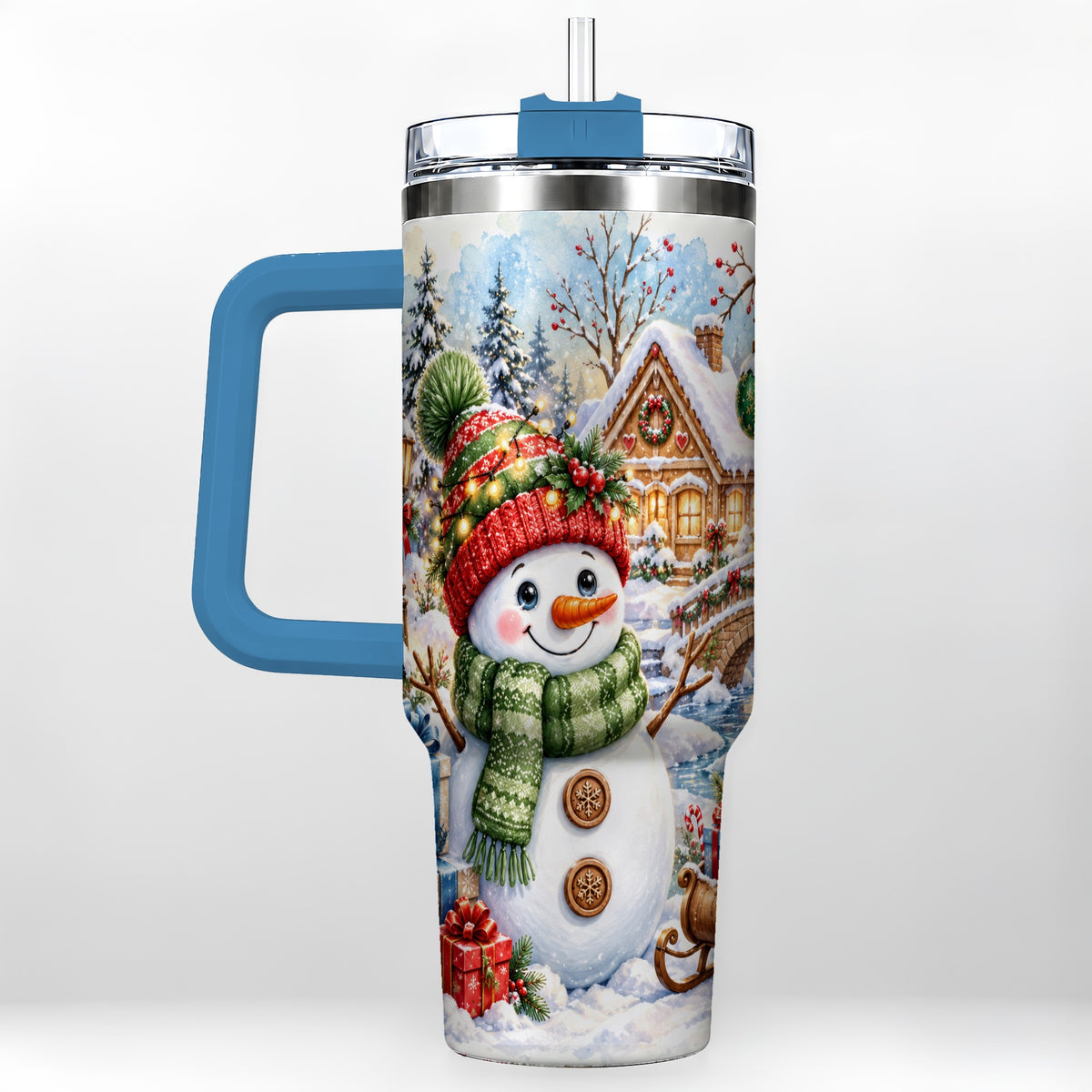 #pl[40oz|Blue] Watercolor Snowman 40oz Tumbler with Handle, Winter Travel Cup