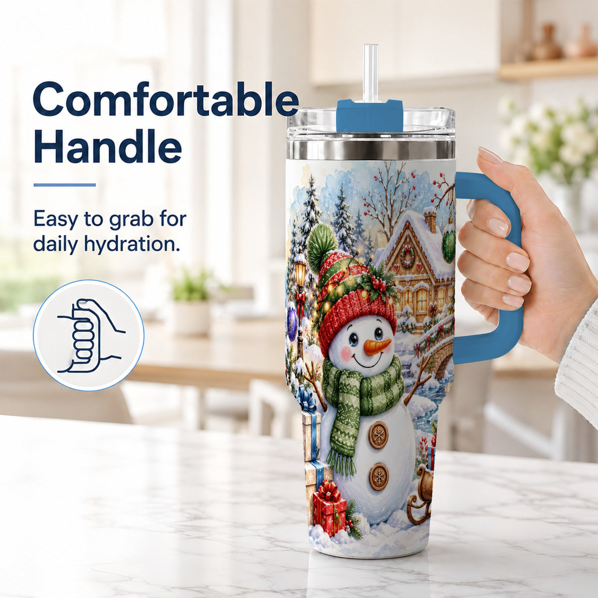 #pl[40oz|Blue] Watercolor Snowman 40oz Tumbler with Handle, Winter Travel Cup