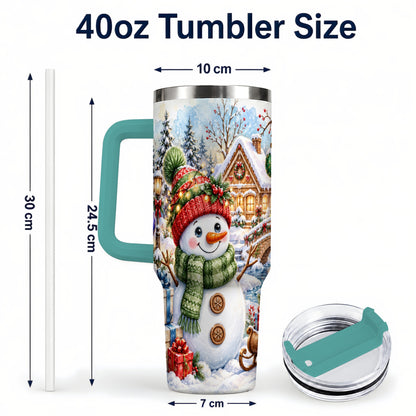 #pl[40oz|Green] Watercolor Snowman 40oz Tumbler with Handle, Winter Travel Cup