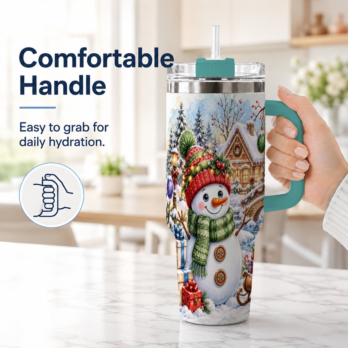 #pl[40oz|Green] Watercolor Snowman 40oz Tumbler with Handle, Winter Travel Cup