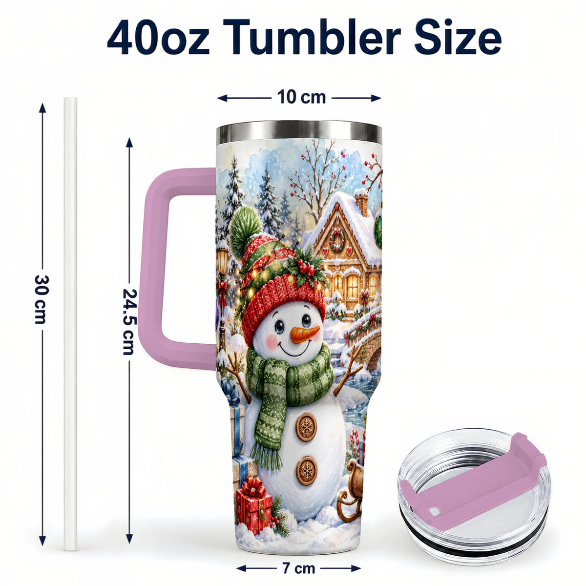 #pl[40oz|Pink] Watercolor Snowman 40oz Tumbler with Handle, Winter Travel Cup