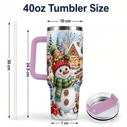 #pl[40oz|Pink] Watercolor Snowman 40oz Tumbler with Handle, Winter Travel Cup