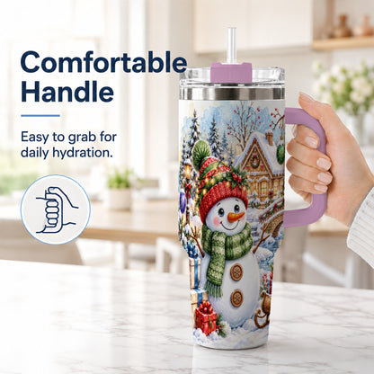 #pl[40oz|Pink] Watercolor Snowman 40oz Tumbler with Handle, Winter Travel Cup