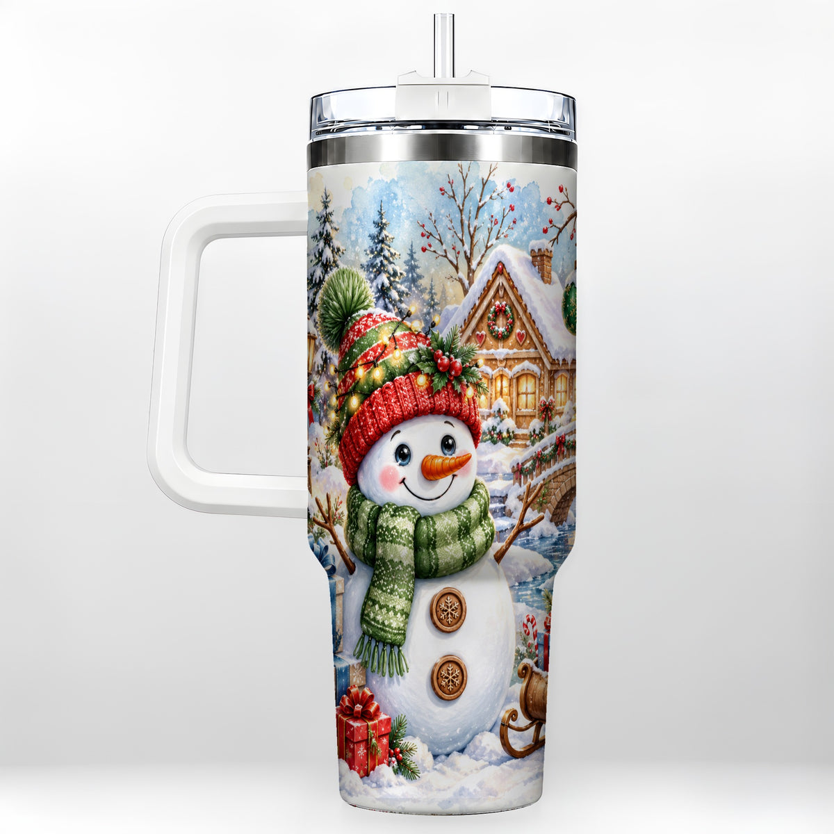 Watercolor Snowman 40oz Tumbler with Handle, Winter Travel Cup