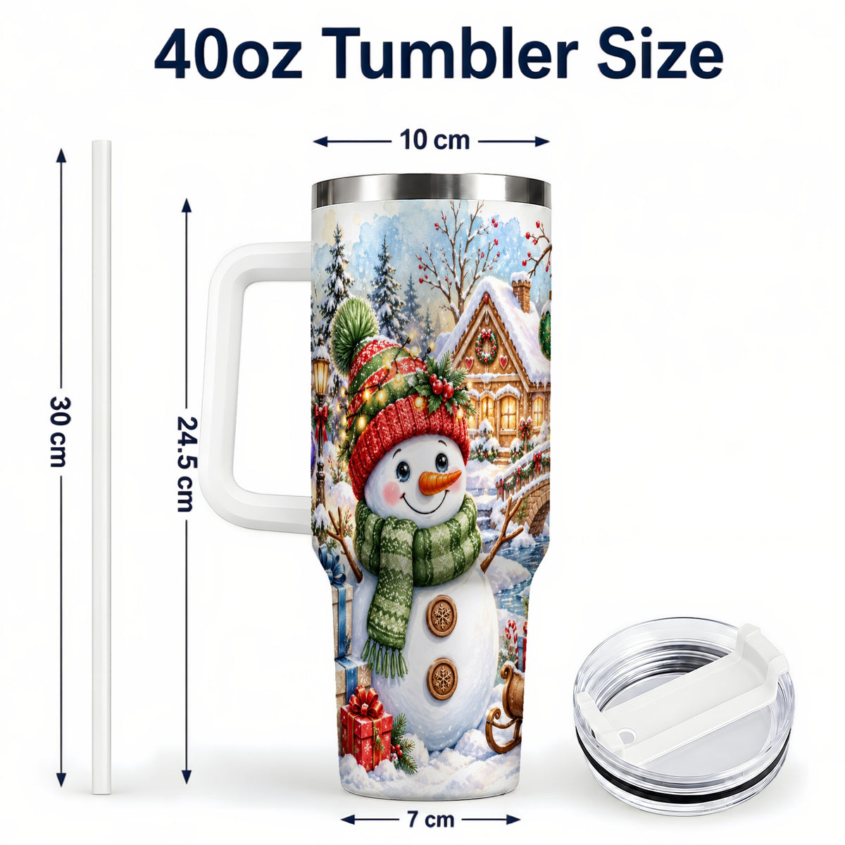 #pl[40oz|White] Watercolor Snowman 40oz Tumbler with Handle, Winter Travel Cup