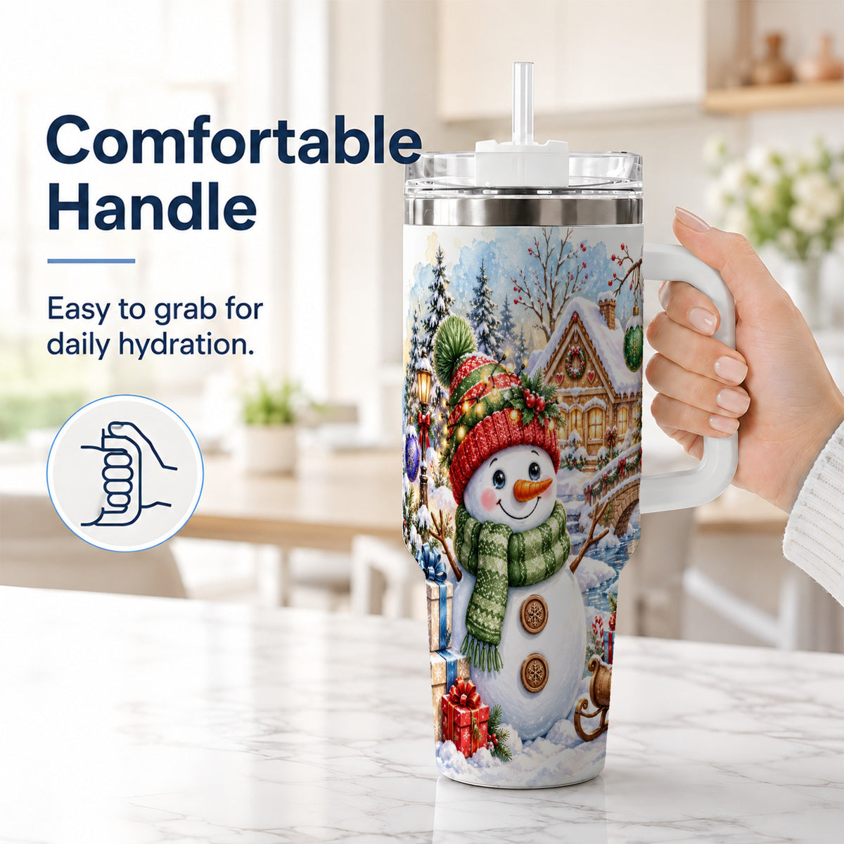 #pl[40oz|White] Watercolor Snowman 40oz Tumbler with Handle, Winter Travel Cup