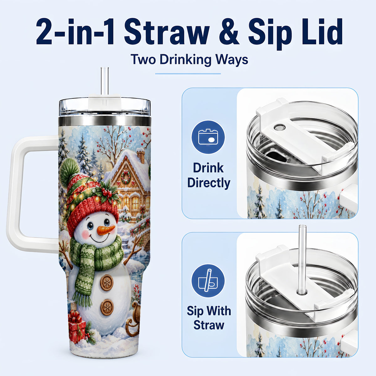 #pl[40oz|White] Watercolor Snowman 40oz Tumbler with Handle, Winter Travel Cup