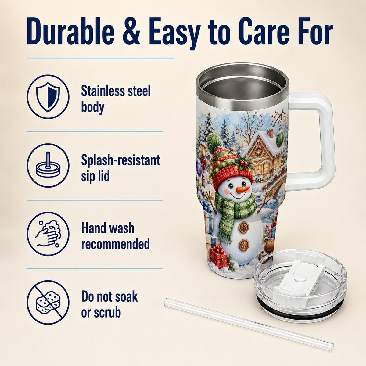 Watercolor Snowman 40oz Tumbler with Handle, Winter Travel Cup