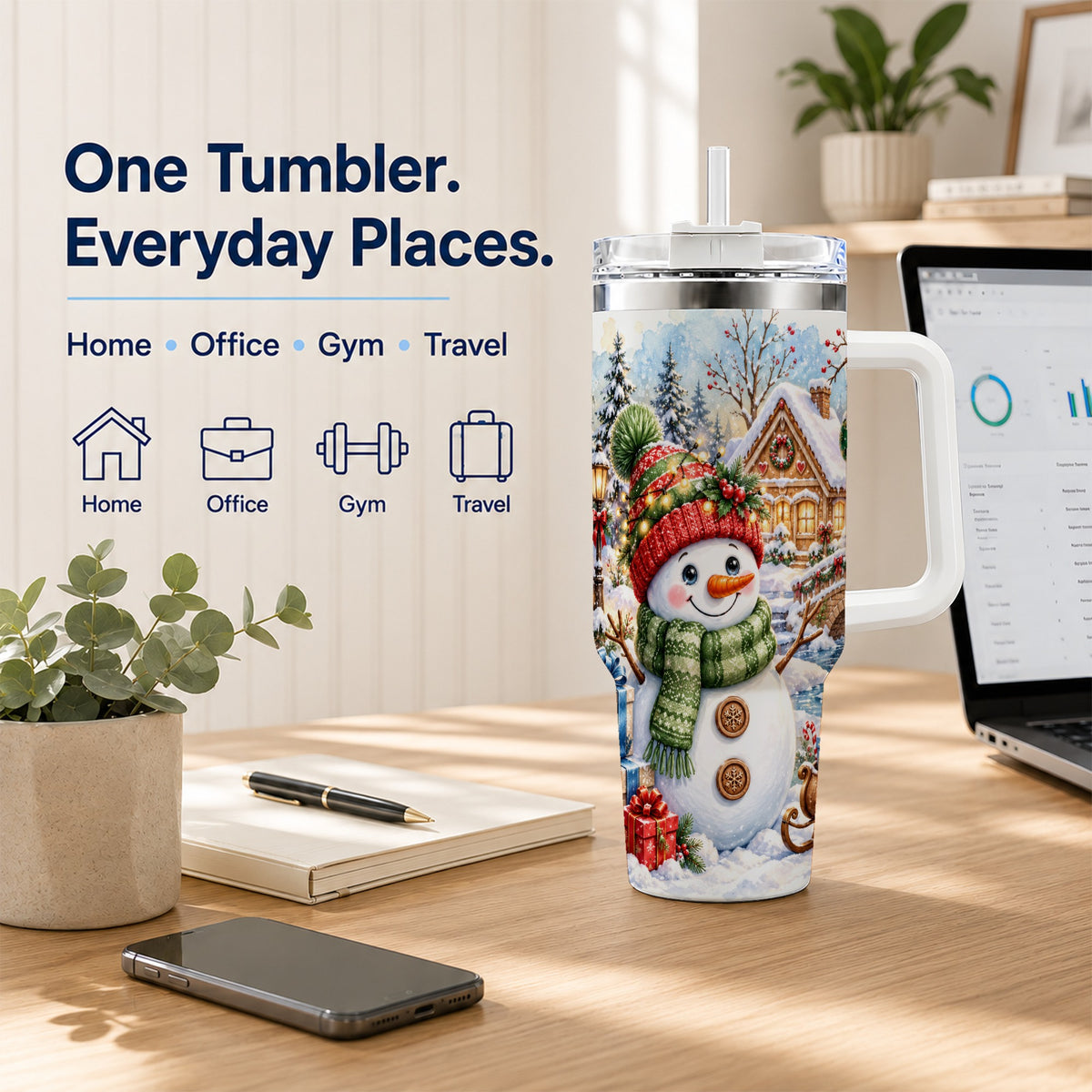 Watercolor Snowman 40oz Tumbler with Handle, Winter Travel Cup