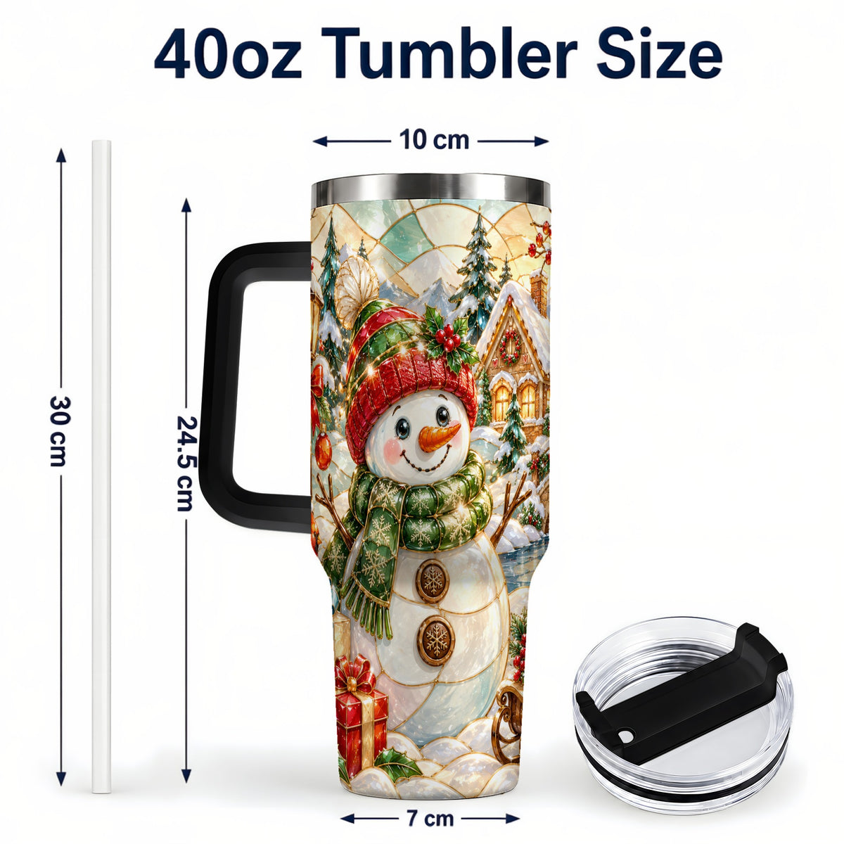 #pl[40oz|Black] Snowman Village 40oz Tumbler with Handle, Winter Travel Cup